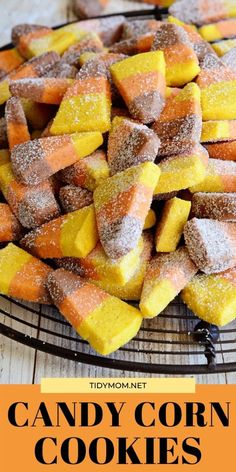 candy corn cookies on a cooling rack with text overlay