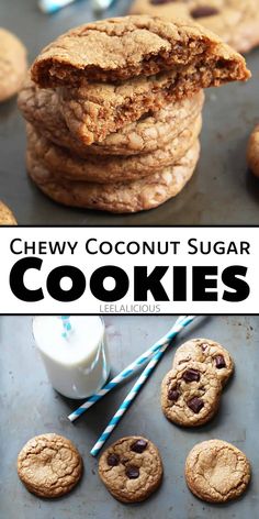 chewy coconut sugar cookies stacked on top of each other with milk in the background