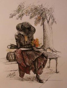 a drawing of a woman sitting on a bench with flowers in her hand and a tree behind her