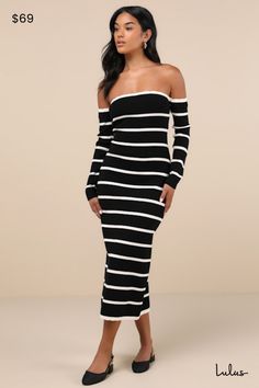 Grab your sleekest boots and pair them with the Lulus Chicest Side Black Striped Off-the-Shoulder Midi Sweater Dress for an ultra-stylish vibe! An ivory striped design accents soft and stretchy sweater knit as it shapes an off-the-shoulder bodice, with cute scalloped trim along the elasticized, straight neckline and long sleeves (with elastic at the shoulders). Figure-skimming silhouette continues into a column midi skirt with a scalloped hem and a kick pleat at back. Fit: This garment fits true Black And Blue Dress, Midi Sweater Dress, Black Sweater Dress, Adhesive Bra, Kick Pleat, Straight Neckline, Scalloped Trim, Striped Midi Dress, Sweater Dress Midi