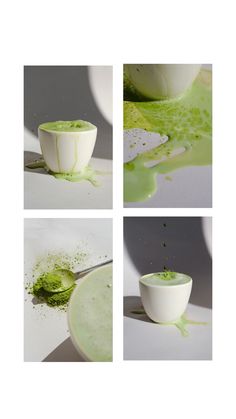 four different shots of green liquid being poured into a bowl