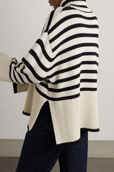 TOTEME Striped wool-blend turtleneck sweater | NET-A-PORTER Breton Stripes, Roll Neck Sweater, Striped Turtleneck, Ribbed Turtleneck, Roll Neck, Wide Sleeves, Wool Blend Sweater, Navy Stripes, Wool Fabric