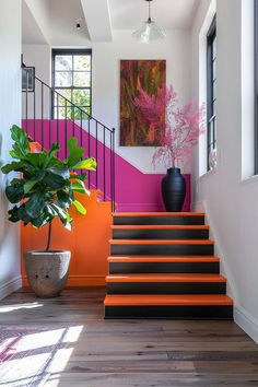 40 Stylish Staircase Landing Designs for a Whimsical Home Colourful Staircase Ideas, Colorful Ceiling Ideas, Creative Staircase Ideas, Colorful Trim Interior, High Ceiling Stairway Decor, Stairwell Paint Colors, Orange Stairs, Statement Staircase, Staircase Landing Ideas