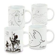 four coffee mugs with drawings on them