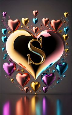 the letter s is surrounded by hearts and other colorful shapes on a gray background with reflections