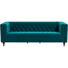 a teal colored couch with wooden legs and buttons on the back, viewed from the front