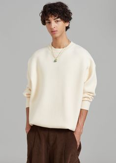 Arne Sweater - Cream Oversized Wool Crew Neck Top, Oversized Wool Top With Crew Neck, Merino Wool Sweater With Ribbed Neckline For Work, Classic Cream Sweatshirt For Winter, Winter Wool Tops With Ribbed Neckline, Classic Cream Sweatshirt With Ribbed Cuffs, Oversized Merino Wool Sweater With Ribbed Collar, Cream Long Sleeve Sweater With Ribbed Neckline, Classic Sweatshirt With Ribbed Collar For Work