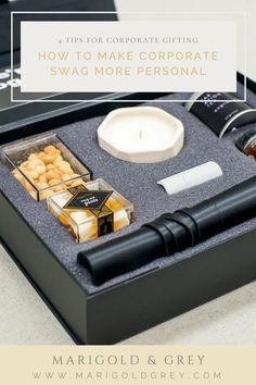 a tray that has some items in it and the words how to make corporate swag more personal