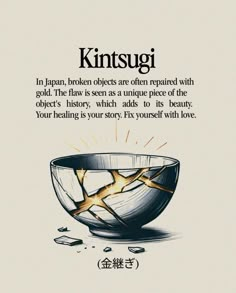 an advertisement for kintsuugi in japan, broken objects are often required with gold that is seen as a unique piece of the object