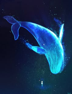 a blue whale floating in the air with water splashing on it's side