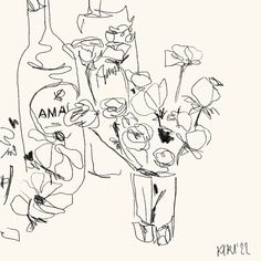 a black and white drawing of flowers in a vase next to an empty wine bottle