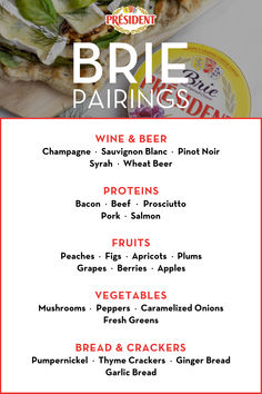 the menu for brie pairings is shown in red, white and blue colors