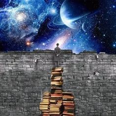 a man standing on top of a pile of books in front of a space filled with stars