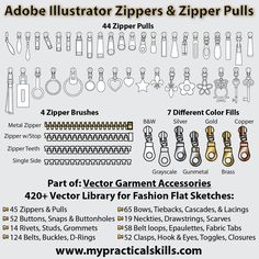 the instructions for zippers and zipper pulls are shown in this graphic style, with different sizes