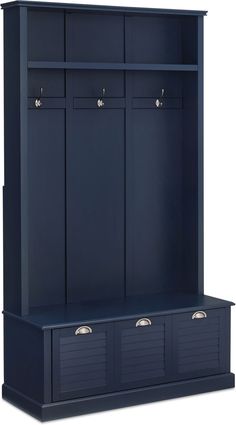 an image of a blue bench with two doors and three drawers on the bottom shelf