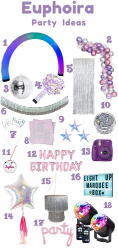 a birthday party poster with balloons, streamers and other things to celebrate it's 13th birthday