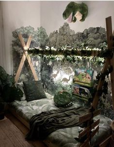 a bed room with a wooden frame and some plants on the wall next to it