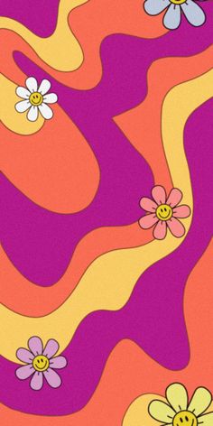 an abstract background with flowers and swirls in pink, purple, yellow and orange