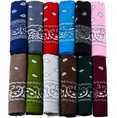 six different colored bandannas are lined up in the same row, each with an animal design on them