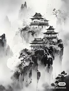 black and white painting of pagodas on top of a mountain in the foggy sky