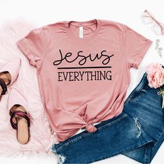 Jesus Everything T-Shirt White Custom Cotton Christian Tshirt Design, Christian Tshirt, Jesus Shirts, Christian Clothing, Christian Shirts, Unisex Shirt, Custom Tshirts, Workout Shirts, Heather Grey