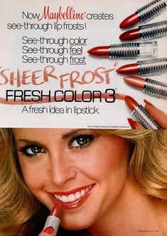 1970s Makeup, Vintage Makeup Ads, Retro Lifestyle, Maybelline Lip, Maybelline Lipstick, Beauty Advertising, Makeup Ads, Retro Makeup, Maybelline Makeup