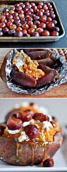 two pictures of baked potatoes with sausages and cheese on them