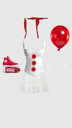 a woman's white dress, red shoes and balloon