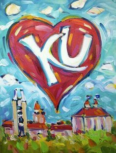 an acrylic painting of a heart with the letter y on it in front of some buildings