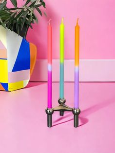 three multicolored candles sitting next to a potted plant on a pink surface