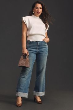 Finished with a statement cuff, the top-rated Austyn is relaxed just-so from hip through ankle, and is offered in a classic high rise. | The Austyn High-Rise Cuffed Wide-Leg Jeans by Pilcro in Blue, Women's, Size: 23, Cotton/Elastane/Lyocell at Anthropologie Wide Legged Jeans Outfit Summer, Chambray Wide Leg Pants Outfit, Anthropologie Work Outfit, Cuffed Wide Leg Jeans Outfit, Cuffed Wide Leg Jeans, Cuffed Jeans Outfit 2024, Wide Cuff Jeans Outfit, Wide Leg Cuffed Jeans Outfit, Blue Jeans Summer Outfit