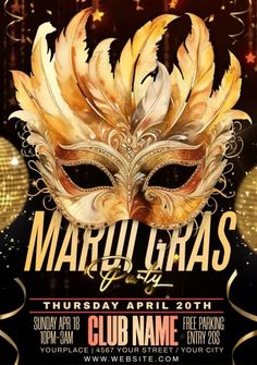 mardi gras party flyer with mask and lights in the background for an event