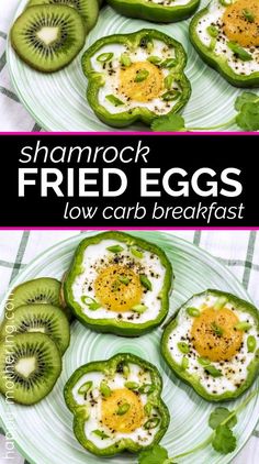 some green peppers with eggs in them and the words, shamrock fried eggs low carb breakfast