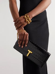 TOM FORD Croc-effect leather clutch | NET-A-PORTER Tom Ford Bags, Tom Ford Bag, Flat Dress Shoes, Skincare Tools, Of Outfits, Leather Clutch, Wrist Strap, Net A Porter, Embossed Leather