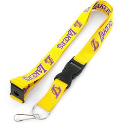 a yellow lanyard strap with purple letters on the front and black clippings