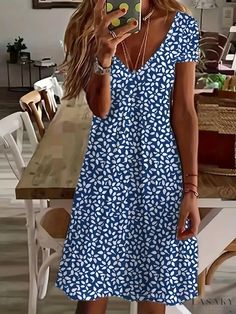 Lasaky - Womens Spring & Summer Floral Print V-neck Ankle Dress - Short Sleeve, Casual and Fashionable Womens Clothing Everyday Dresses Casual, Fall Blue, Casual Short Sleeve Dress, Spring Dresses Casual, Ankle Dress, Vestido Casual, Dress Silhouette, Floral Print Shorts, Floral Shorts