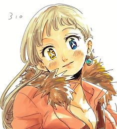 a drawing of a girl with blue eyes and long blonde hair wearing an orange jacket