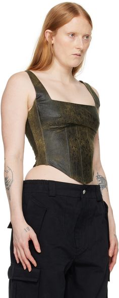 Stretch cracked faux-leather corset-style tank top. Boning throughout. · Square neck · Curved hem · Concealed zip closure at back · Partial satin lining Available exclusively at SSENSE. Supplier color: Brown Leather Tank Top, Brown Corset, White Cowboy Boots, Leather Corset, Tank Top Camisole, Corset Style, Black Denim, Square Neck, Tank Top Fashion