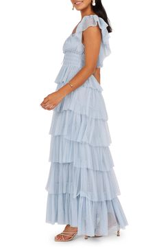 A romantic Swiss-dot tulle maxi dress awash in dreamy ruffles features a dainty keyhole tie, fluttery sleeves and cascading tiers. Slips on over head Square neck Cap sleeves Lined 100% nylon Hand wash, dry flat Imported Spring Tulle Maxi Dress With Ruffles, Tiered Tulle Maxi Dress With Ruffles, Chic Swiss Dot Maxi Dress For Spring, Tulle Maxi Dress, Tiered Maxi Dress, Swiss Dot, Maxi Dress Blue, Nordstrom Dresses, Square Neck