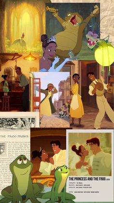 disney's princess and the frog is shown in this collage with images from their movies