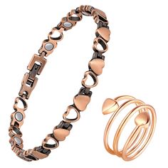 PRICES MAY VARY. Solid Pure Copper: The bracelets for women is crafted with 99.99% pure copper, free of lead and nickel, hypoallergenic, light weight, shiny, waterproof, corrosion resistant and durable. It can be worn comfortably for a long time. Copper Magnetic Bracelets for Women: Embedded with magnets on the interior of the copper bracelet, close to your wrist for better effectiveness. Easy to Adjust: Bracelet: Length: 8.66in(22cm), width 0.28in(0.7cm), Weight: 20g. Copper ring: Length: 2.76i Magnetic Bracelets For Gift, Rose Gold Copper Bracelet As A Gift, Rose Gold Copper Bracelets As Gift, Magnetic Bracelet Jewelry Gift, Magnetic Metal Jewelry Gift, Adjustable Bronze Copper Bracelets, Rose Gold Copper Bangle, Bronze Copper Bracelet With Patina, Elegant Gold-colored Copper Bracelet