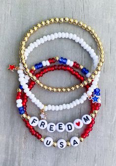 USA Bracelets / 4th of July Bracelets / Red, White and Blue Bracelets / 4th of July Bracelet Stack / America Bracelets / Patriotic Bracelet - Etsy 4th Of July Bracelets, 4th Of July Jewelry, Usa Earrings, Afro Jewelry, Stretch Beaded Bracelets Diy, Blue Bracelets, Patriotic Bracelet, Rubber Band Crafts, Bracelets Red