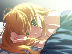 a blonde haired woman laying in bed with her eyes closed