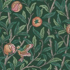 a green and red wallpaper with birds on it's branches, surrounded by pomegranates