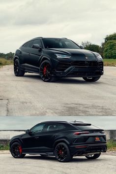 the side and back view of a black sports car in three different angles, with red rims