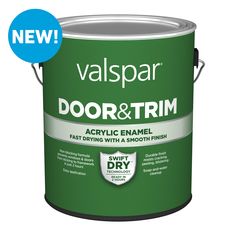 a green paint can with the words valspar door & trim on it's side