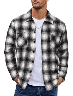 PRICES MAY VARY. MATERIAL: This plaid shirt is made from premium fabric, ensuring a soft, comfortable, and skin-friendly feel. It keeps you warm during autumn, spring, and chilly winters, all while maintaining a fashionable look FEATURE: The flannel shirt showcases a classic plaid pattern that exudes timeless appeal. With its front button closure, it offers convenience and ease of wear. The shirt's medium weight provides the perfect balance of warmth and comfort. It is equipped with two chest po Mens Flannel Jacket, Premium Background, Fleece Shacket, Mens Plaid Flannel, Intro Background, Mens Clothing Brands, Flannel Men, Plaid Shirt Men, Plaid Shirts