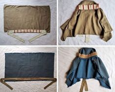 four pictures of different types of clothing on a white surface, including an over sized jacket