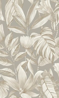 an image of a wallpaper with leaves and flowers in beige on a gray background