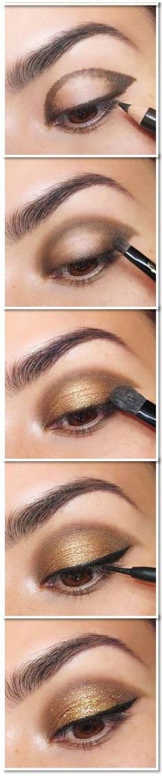 SUPER gold MAKEUP Eyeshadows Ideas, Gold Smoky Eye, Brown Eye Makeup Tutorial, Khol Eyeliner, Bentuk Alis, Gold Smokey Eye, Gold Eye Makeup